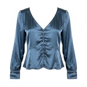 I MADELINE Blue Satin Corset Lace Up Peplum Blouse Long Sleeve Women L